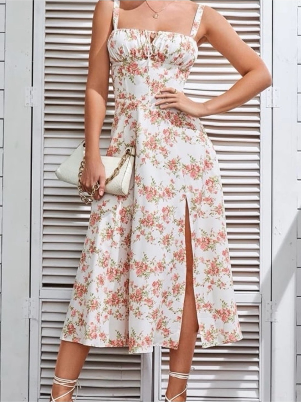 Cottagecore Floral Midi Dress Milkmaid Bust Thigh Split White Pink Sun Dress XS
